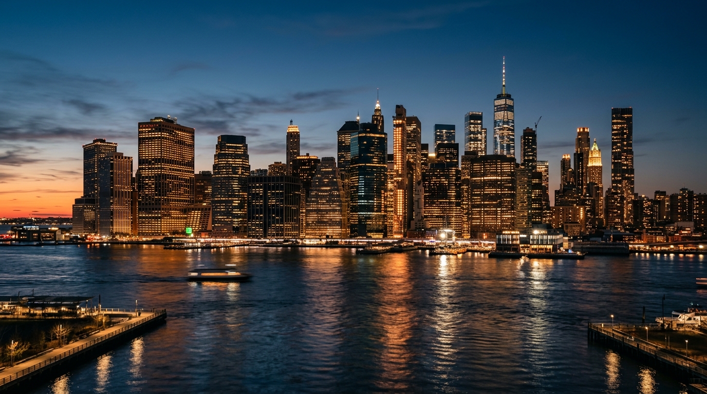 New York Lower Manhattan financial skyline at twilight